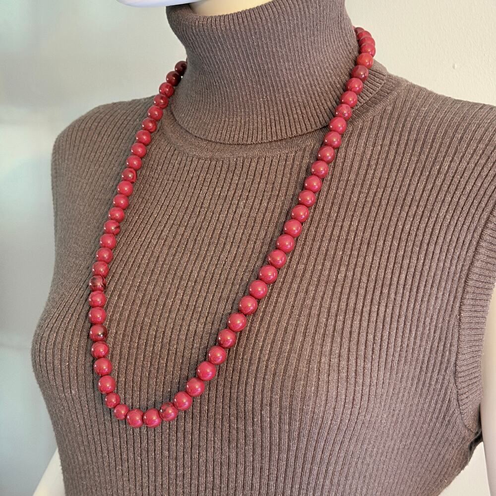 Vintage 1960s Vogue Jewelry Necklace 31" Opera Length Cranberry Red Glass Bead